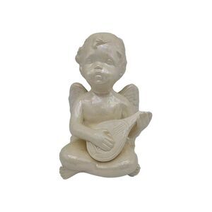 Vintage Pearlescent Glazed White Ceramic Child Angel Cherub With Lute READ